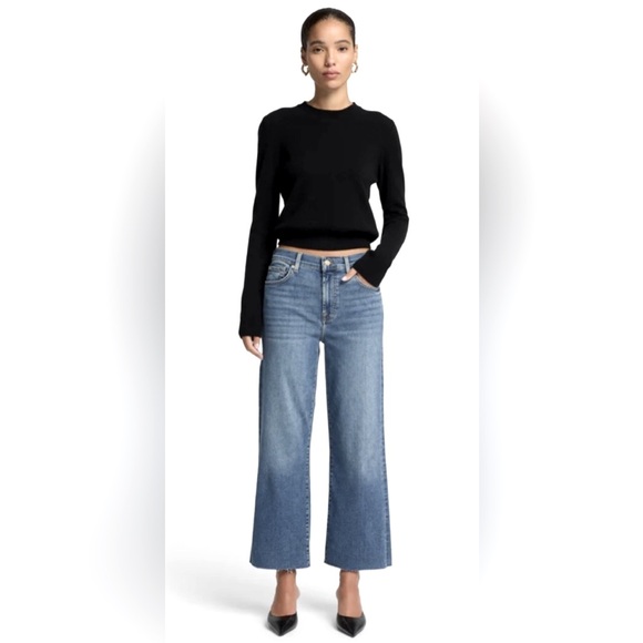 7 For All Mankind Mid Rise Blue Cropped Wide Leg Jeans Raw Hem | Classic - Picture 1 of 10